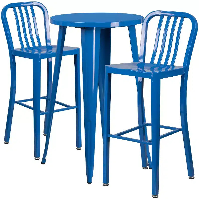 Set da tavolo da bar rotondo in metallo per interni ed esterni Flash Furniture di grado commerciale da 24 pollici con 2 sgabelli con schienale a doghe verticali