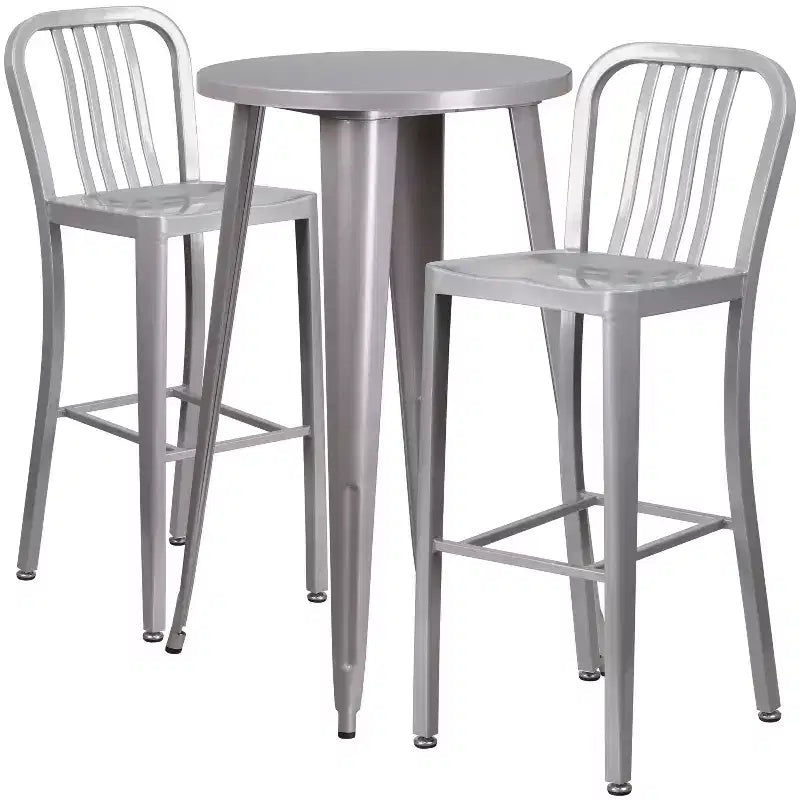 Set da tavolo da bar rotondo in metallo per interni ed esterni Flash Furniture di grado commerciale da 24 pollici con 2 sgabelli con schienale a doghe verticali