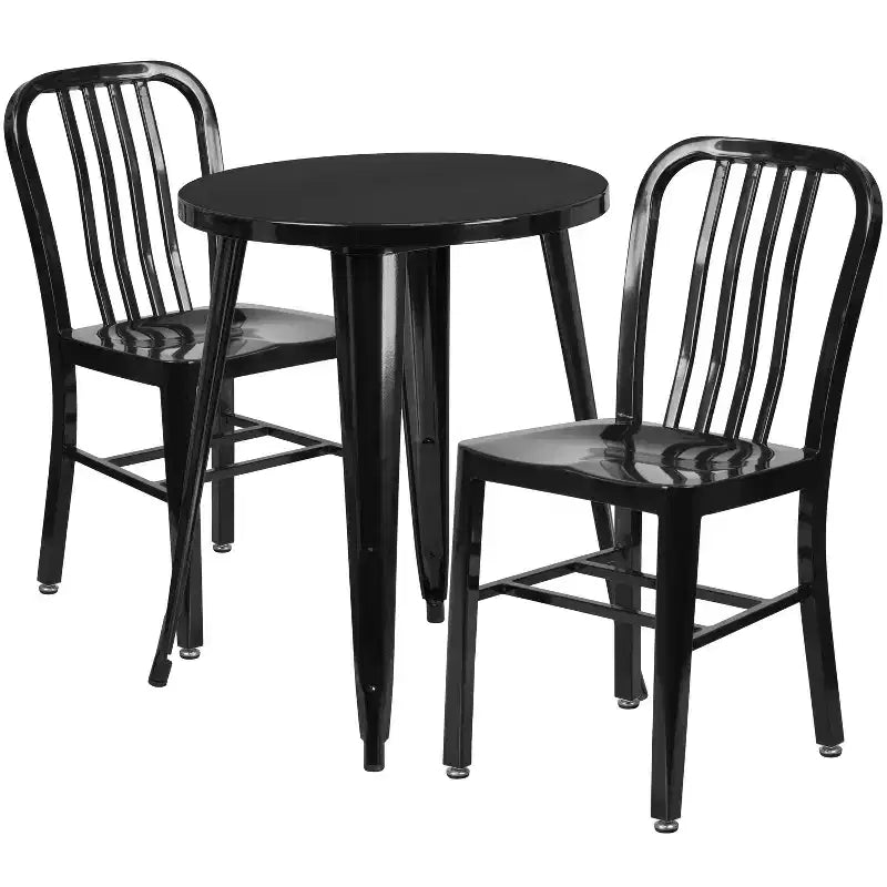 Set da tavolo Flash Furniture di livello commerciale rotondo da 24 pollici in metallo per interni ed esterni con 2 sedie con schienale a doghe verticali