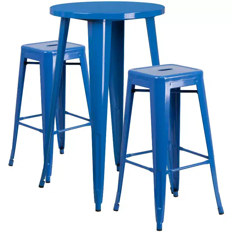 Flash Furniture Tavolo da Bar Rotondo da 24 Pollici in Metallo per Interni ed Esterni con 2 Sgabelli Senza Schienale con Seduta Quadrata