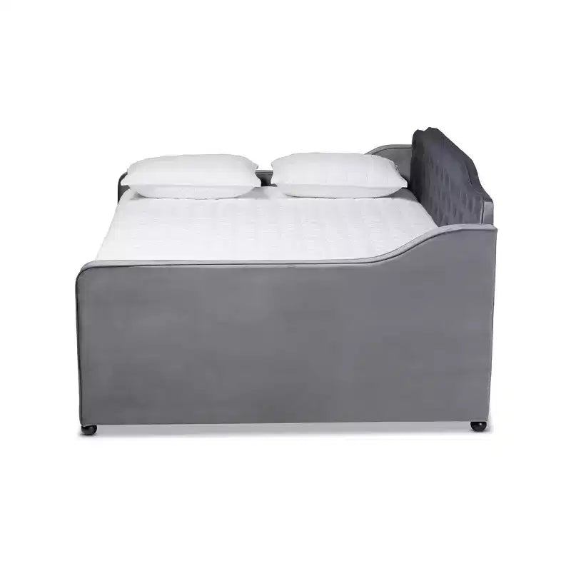 Divano letto Freda rivestito in tessuto velluto con bottoni capitonné - Baxton Studio