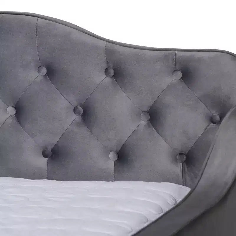Divano letto Freda rivestito in tessuto velluto con bottoni capitonné - Baxton Studio