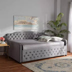 Divano letto Freda rivestito in tessuto velluto con bottoni capitonné - Baxton Studio