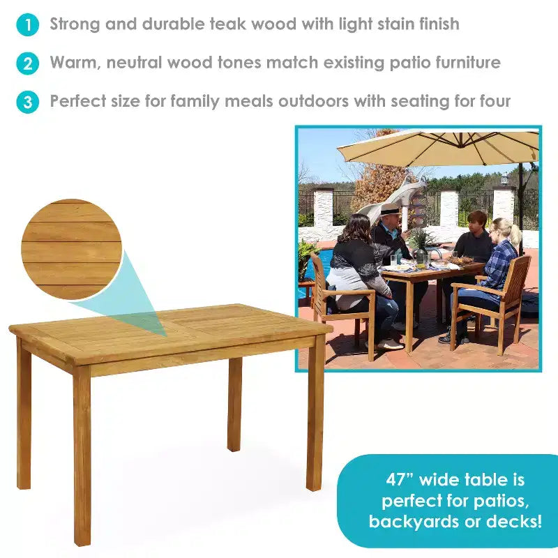 Sunnydaze Tavolo da pranzo rettangolare per esterni in legno massello di teak con finitura antimacchia - 48 - Marrone chiaro