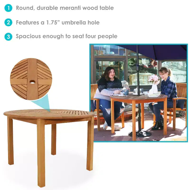 Tavolo da pranzo rotondo per famiglia Sunnydaze da esterno in legno Meranti con finitura a olio di teak - 42 - Marrone