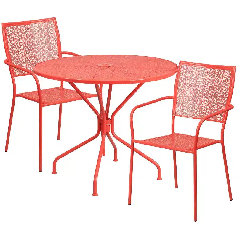 Tavolo da Patio in Acciaio Rotondo da 35,25 Pollici per Interni/Esterni di Grado Commerciale Flash Furniture Oia con 2 Sedie con Schienale Quadrato