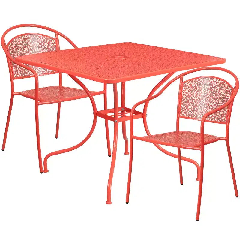 Set tavolo da patio Flash Furniture Oia commerciale da 35,5 pollici quadrato in acciaio per interni ed esterni con 2 sedie con schienale rotondo