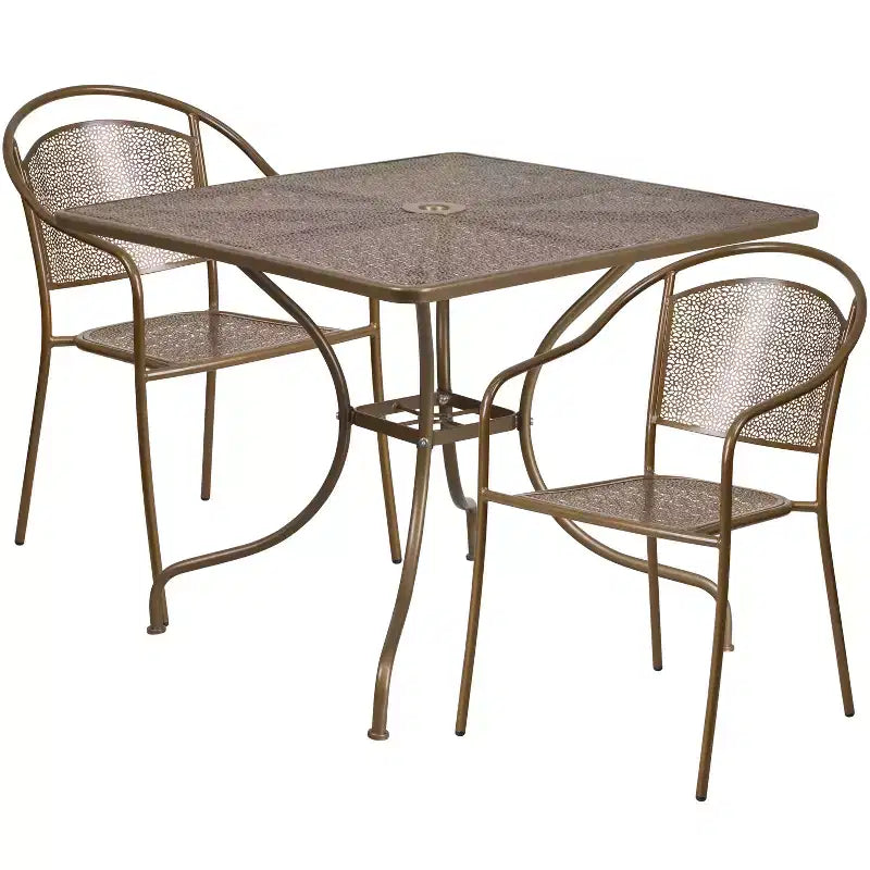 Set tavolo da patio Flash Furniture Oia commerciale da 35,5 pollici quadrato in acciaio per interni ed esterni con 2 sedie con schienale rotondo