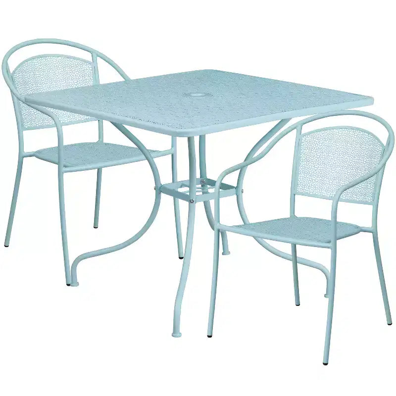 Set tavolo da patio Flash Furniture Oia commerciale da 35,5 pollici quadrato in acciaio per interni ed esterni con 2 sedie con schienale rotondo