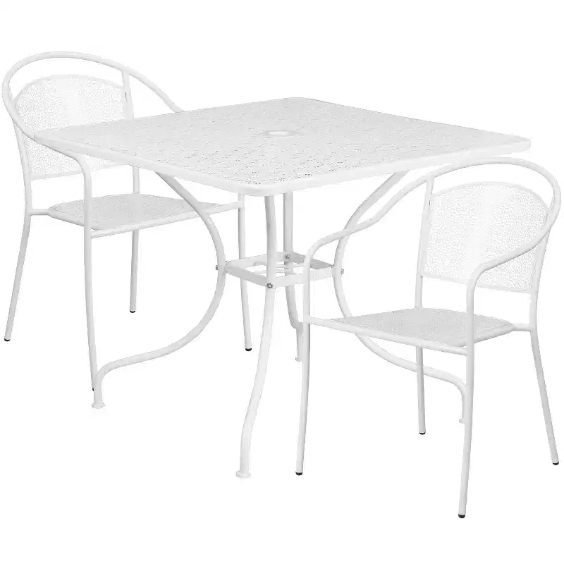 Set tavolo da patio Flash Furniture Oia commerciale da 35,5 pollici quadrato in acciaio per interni ed esterni con 2 sedie con schienale rotondo