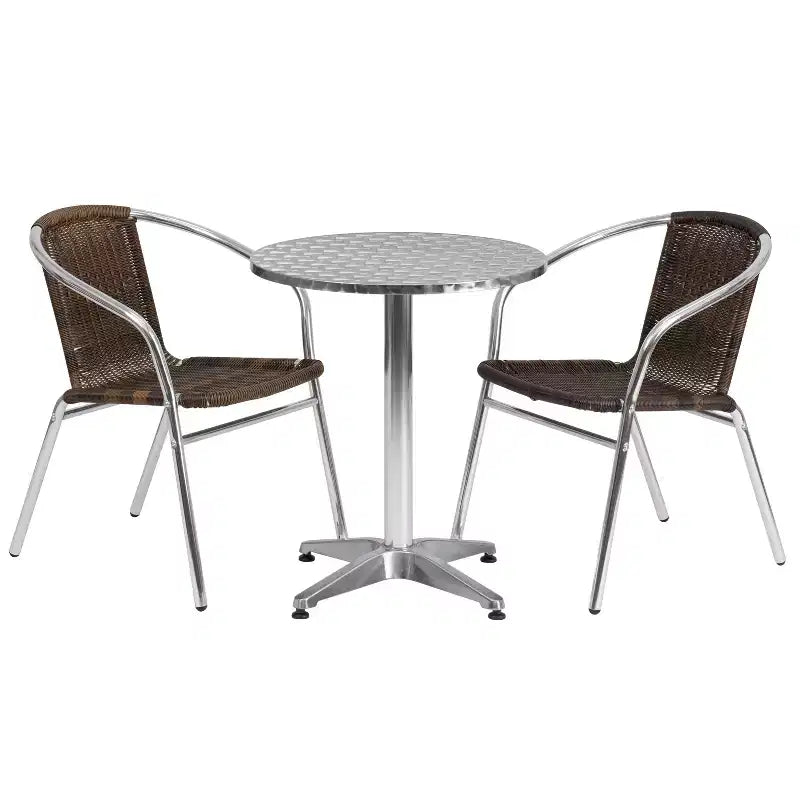 Set da tavola Flash Furniture Lila rotondo da 23,5" in alluminio per interni-esterni con 2 sedie in rattan
