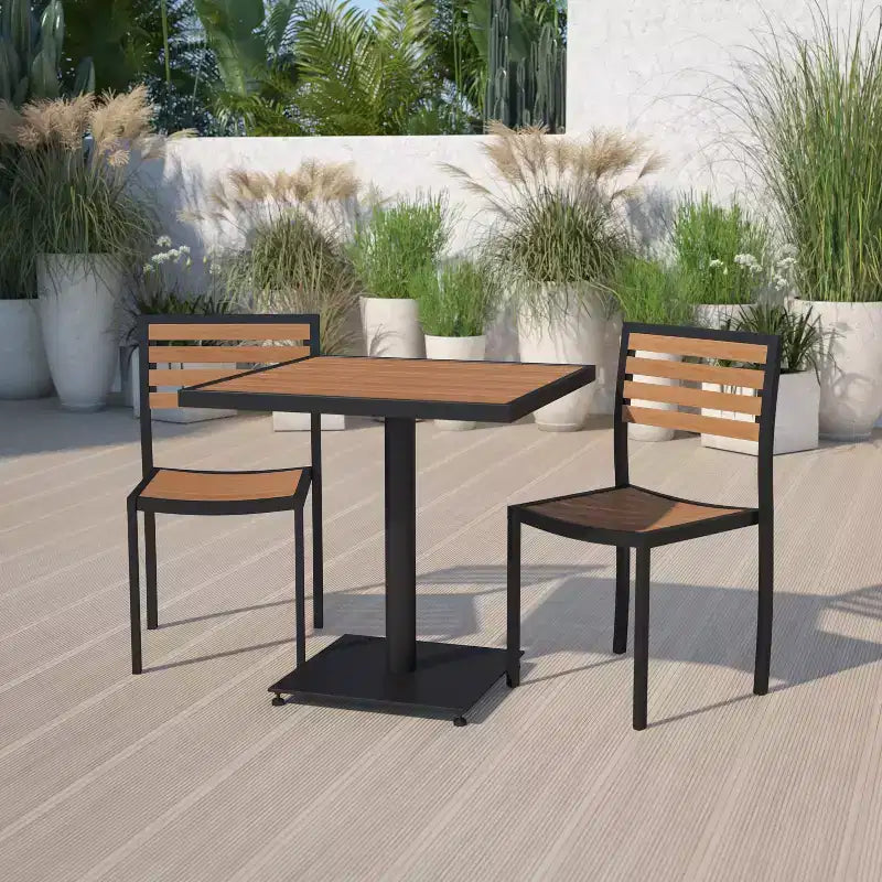 Flash Furniture Lark, set da bistrò da esterno con tavolo e 2 sedie con doghe in poly effetto teak