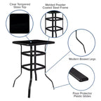 Tavolo da bar quadrato Flash Furniture Barker 27,5 in vetro temperato nero, altezza bar, in metallo per esterni