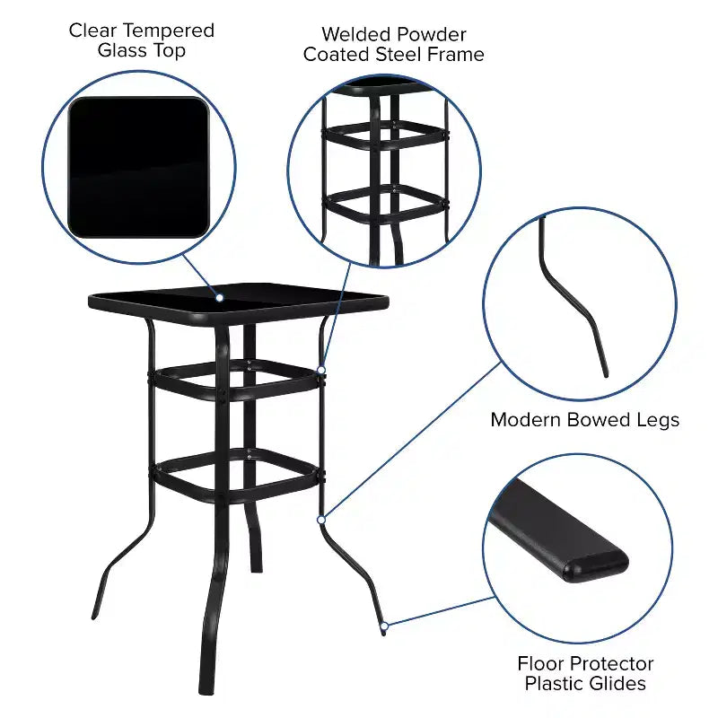 Tavolo da bar quadrato Flash Furniture Barker 27,5 in vetro temperato nero, altezza bar, in metallo per esterni