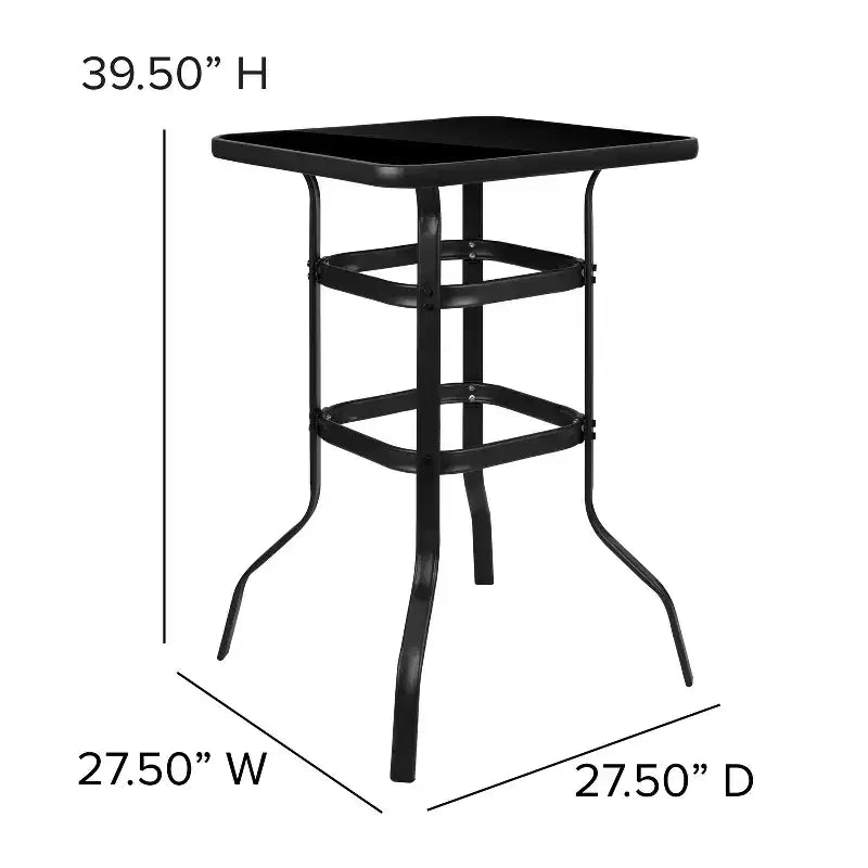 Tavolo da bar quadrato Flash Furniture Barker 27,5 in vetro temperato nero, altezza bar, in metallo per esterni