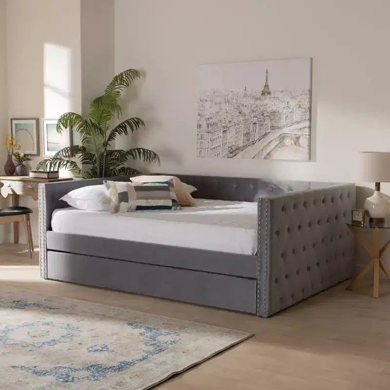 Letto da giorno imbottito in velluto Larkin con letto estraibile - Baxton Studio