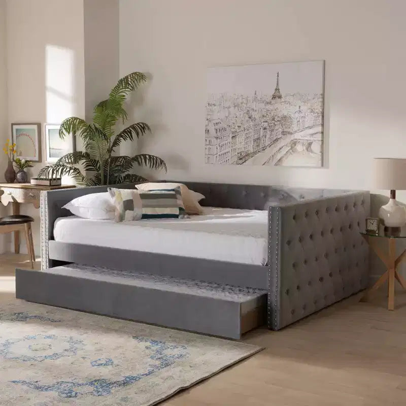 Letto da giorno imbottito in velluto Larkin con letto estraibile - Baxton Studio