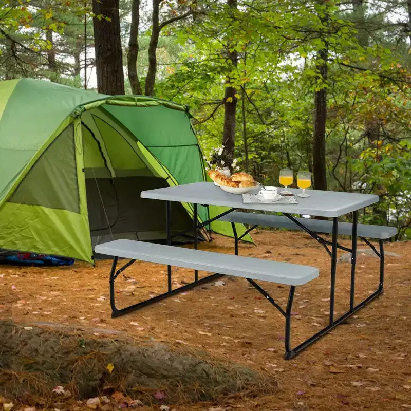 Set da Tavolo e Panche Pieghevoli Costway per Campeggio BBQ con Struttura in Acciaio Bianco/Nero