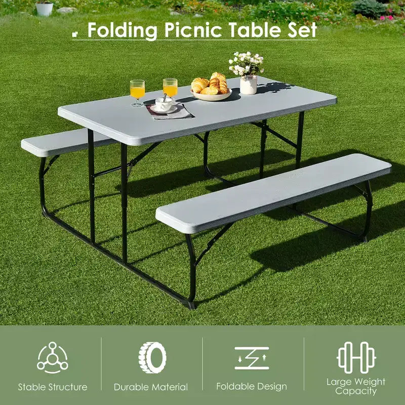 Set da Tavolo e Panche Pieghevoli Costway per Campeggio BBQ con Struttura in Acciaio Bianco/Nero