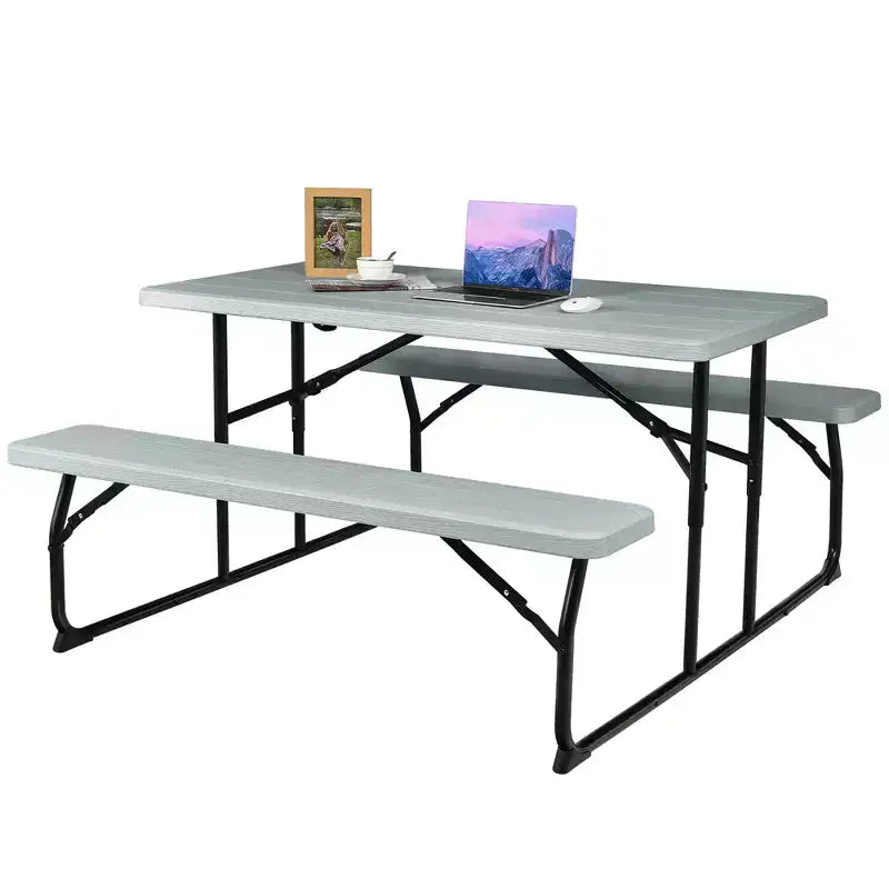 Set da Tavolo e Panche Pieghevoli Costway per Campeggio BBQ con Struttura in Acciaio Bianco/Nero
