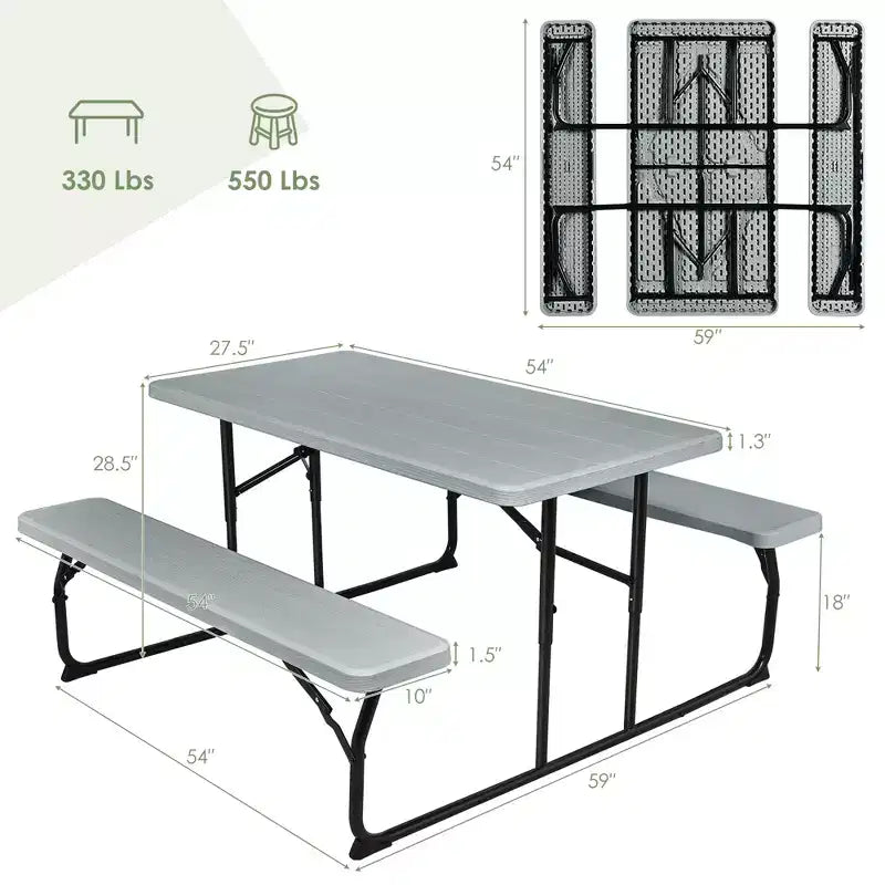 Set da Tavolo e Panche Pieghevoli Costway per Campeggio BBQ con Struttura in Acciaio Bianco/Nero