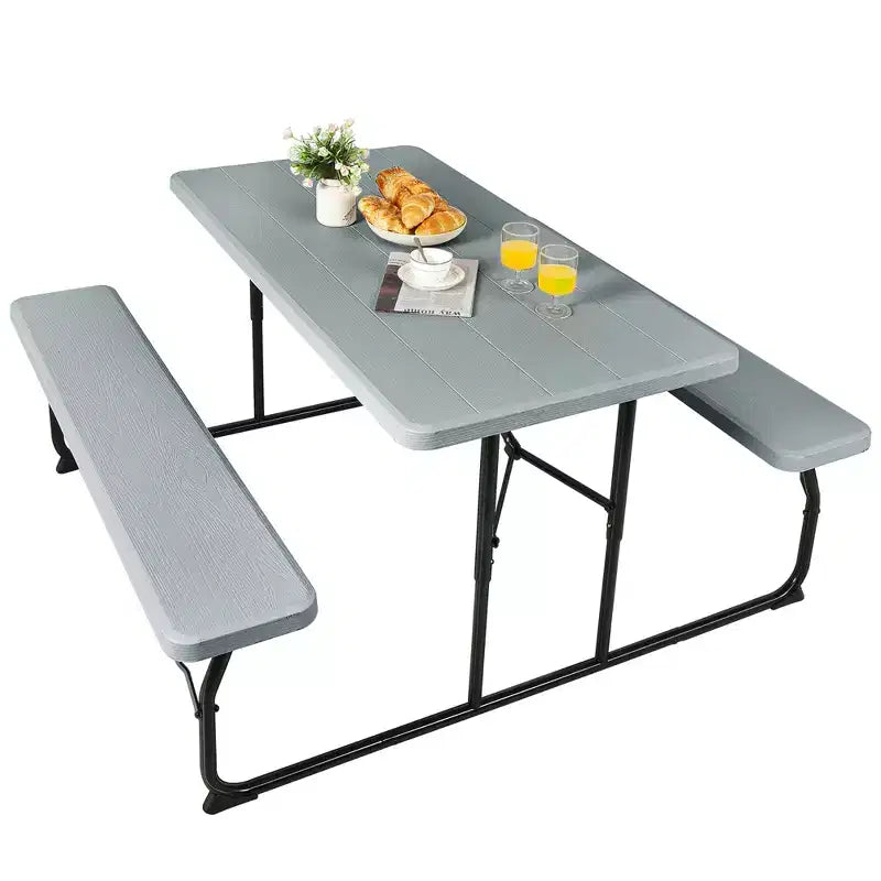Set da Tavolo e Panche Pieghevoli Costway per Campeggio BBQ con Struttura in Acciaio Bianco/Nero