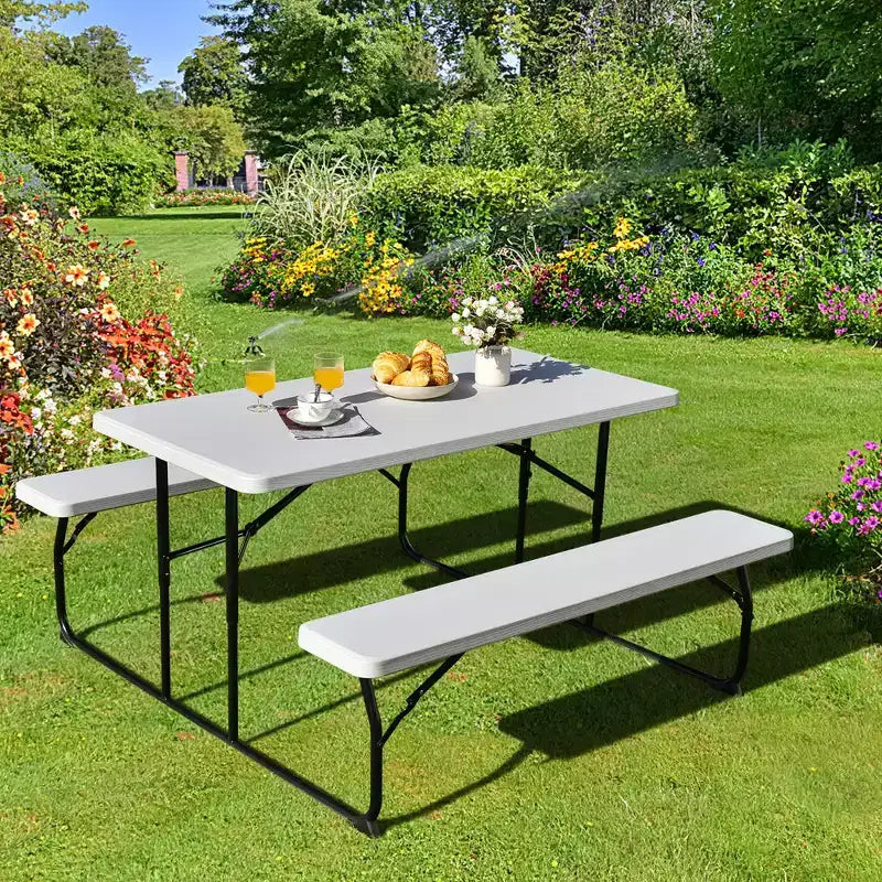 Set da Tavolo e Panche Pieghevoli Costway per Campeggio BBQ con Struttura in Acciaio Bianco/Nero