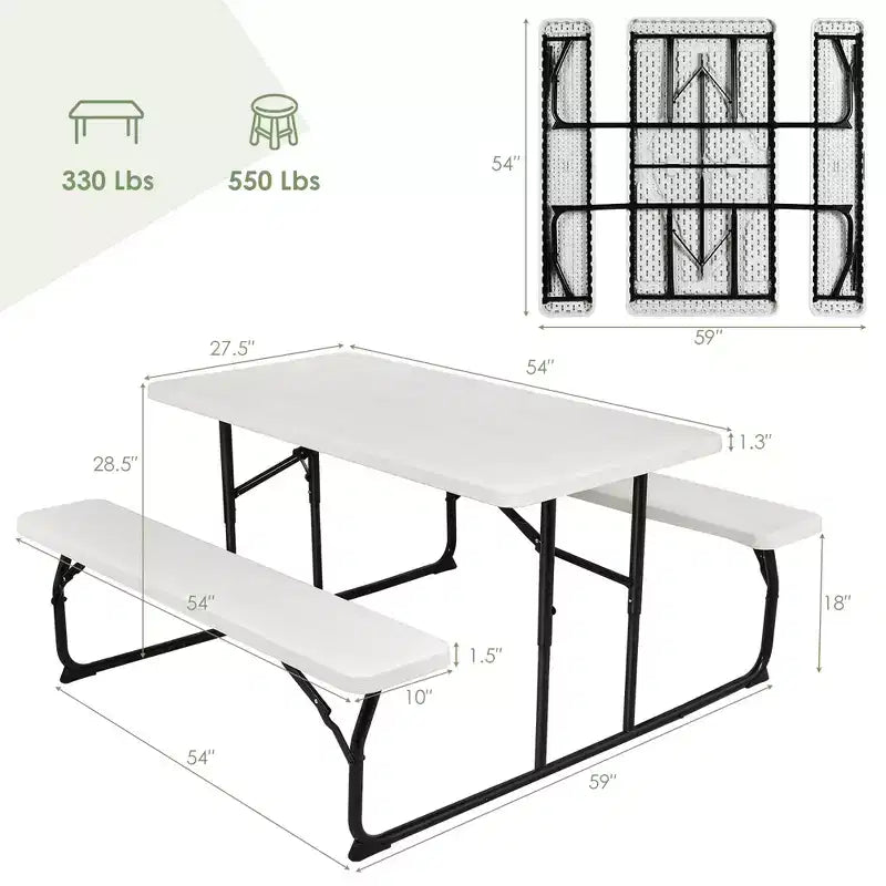 Set da Tavolo e Panche Pieghevoli Costway per Campeggio BBQ con Struttura in Acciaio Bianco/Nero