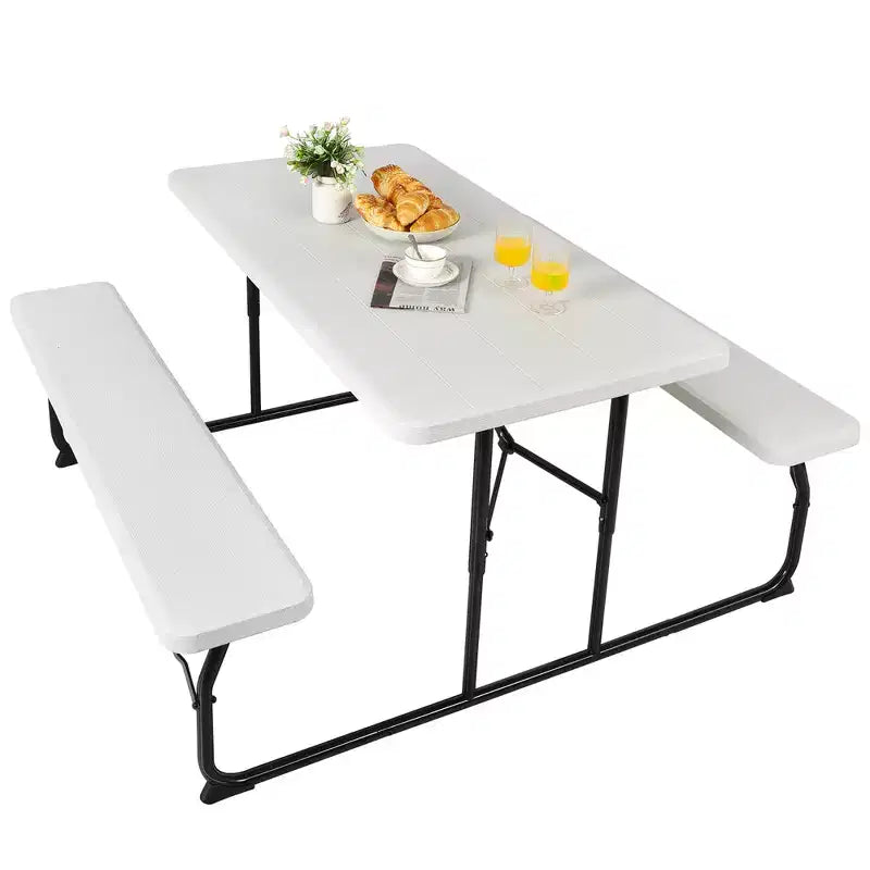 Set da Tavolo e Panche Pieghevoli Costway per Campeggio BBQ con Struttura in Acciaio Bianco/Nero