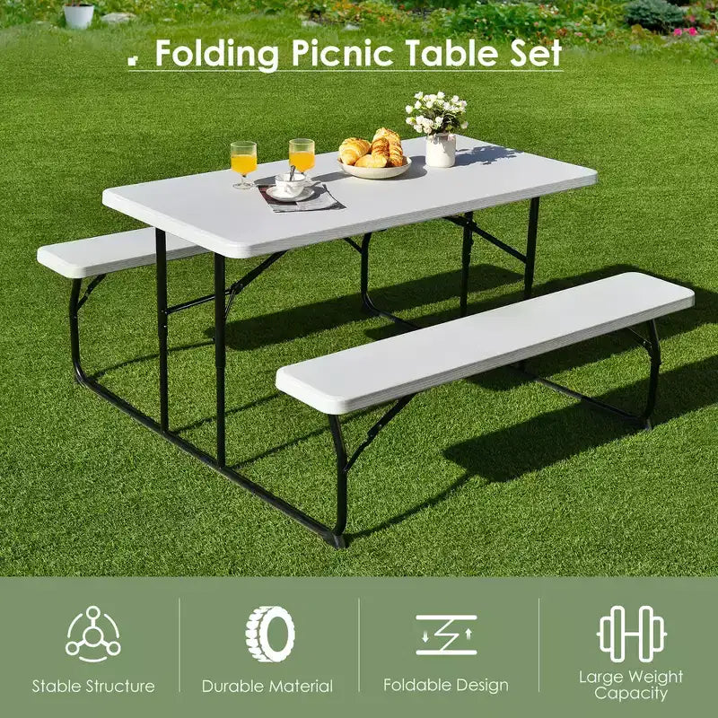 Set da Tavolo e Panche Pieghevoli Costway per Campeggio BBQ con Struttura in Acciaio Bianco/Nero