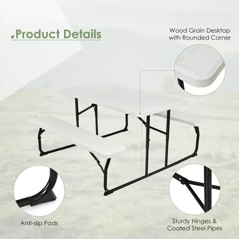 Set da Tavolo e Panche Pieghevoli Costway per Campeggio BBQ con Struttura in Acciaio Bianco/Nero
