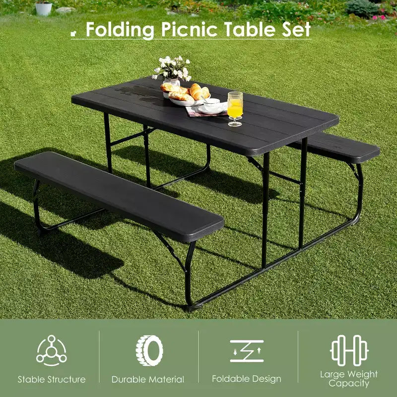 Set da Tavolo e Panche Pieghevoli Costway per Campeggio BBQ con Struttura in Acciaio Bianco/Nero