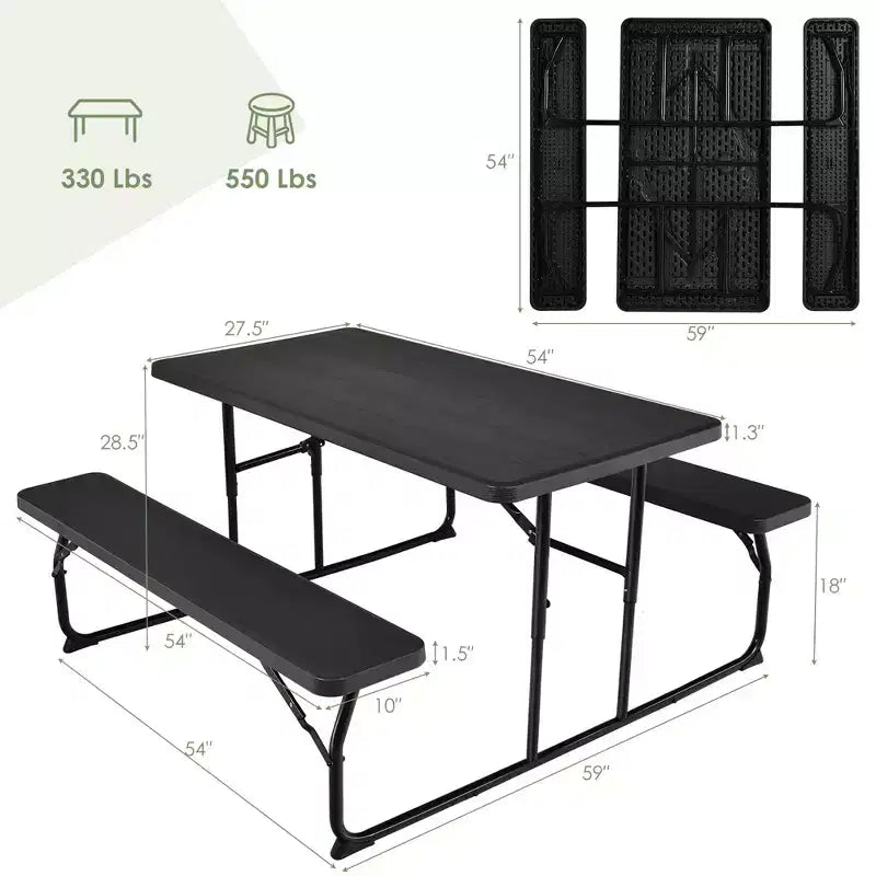 Set da Tavolo e Panche Pieghevoli Costway per Campeggio BBQ con Struttura in Acciaio Bianco/Nero