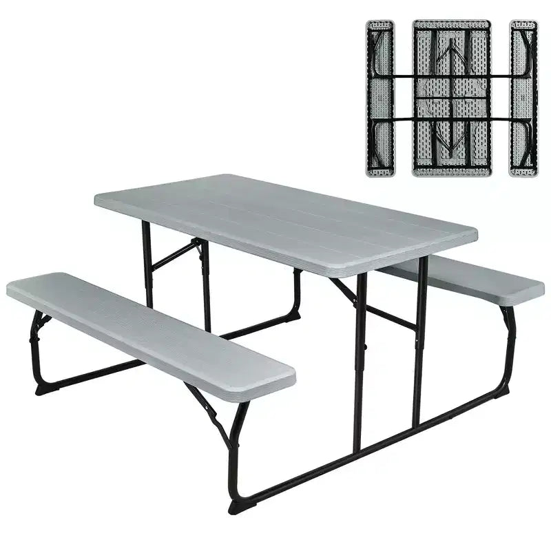 Set da Tavolo e Panche Pieghevoli Costway per Campeggio BBQ con Struttura in Acciaio Bianco/Nero