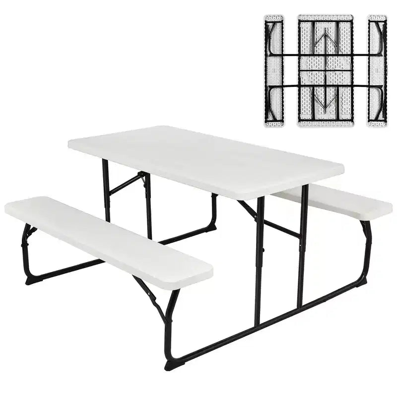 Set da Tavolo e Panche Pieghevoli Costway per Campeggio BBQ con Struttura in Acciaio Bianco/Nero