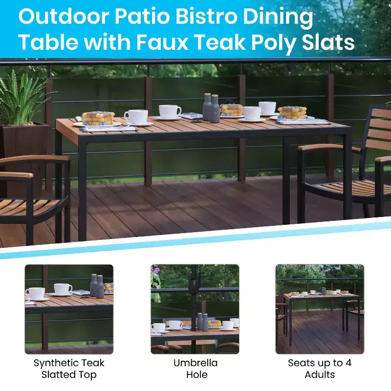 Tavolo da pranzo da patio Emma e Oliver 30 x 48 per tutte le stagioni in finto teak con struttura in acciaio - 4 posti a sedere