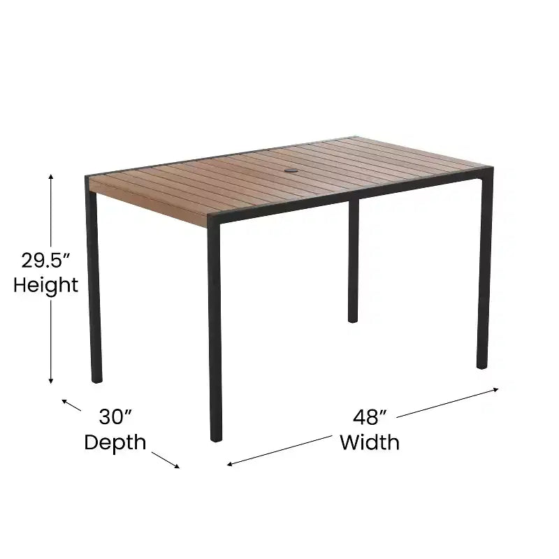 Tavolo da pranzo da patio Emma e Oliver 30 x 48 per tutte le stagioni in finto teak con struttura in acciaio - 4 posti a sedere