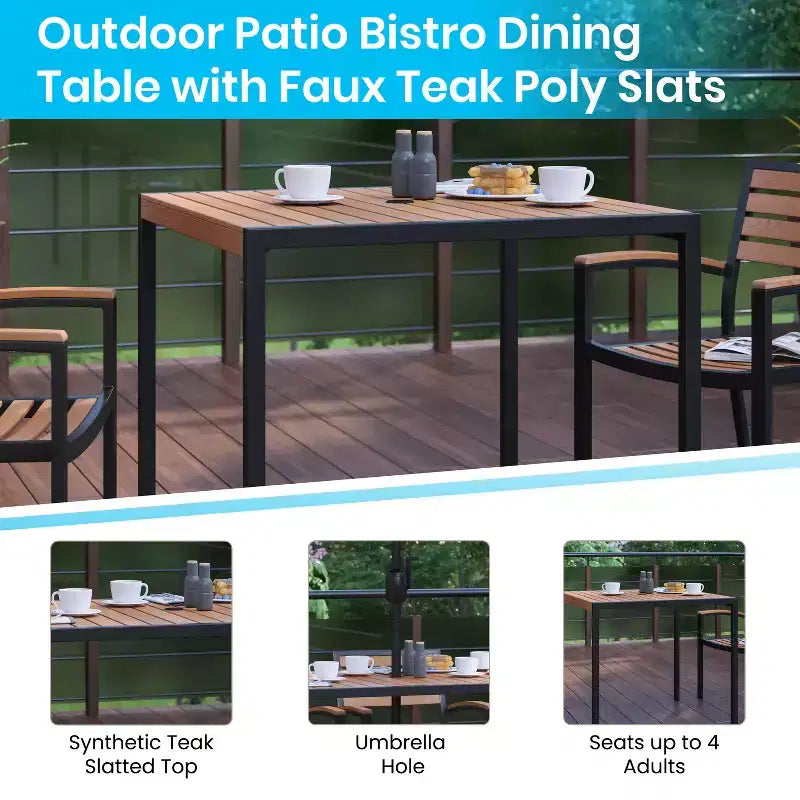Set da tavolo da patio Emma and Oliver da 3 pezzi - Tavolo da pranzo in teak sintetico con foro per ombrellone e ombrellone con base zavorrata