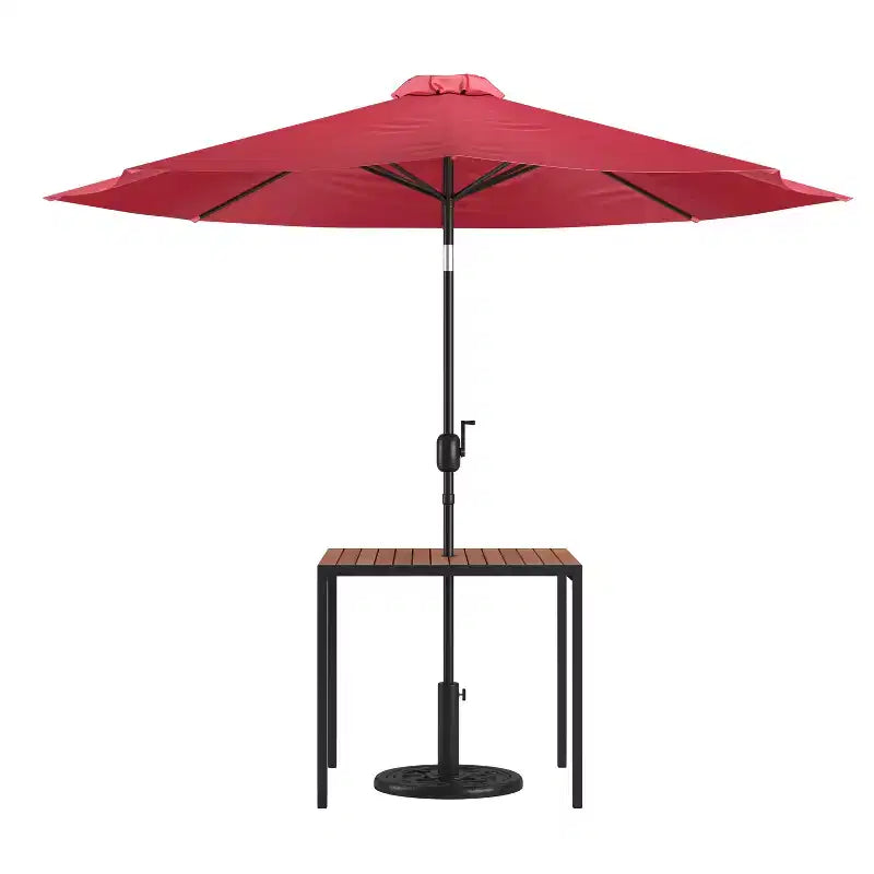 Set da tavolo da patio Emma and Oliver da 3 pezzi - Tavolo da pranzo in teak sintetico con foro per ombrellone e ombrellone con base zavorrata