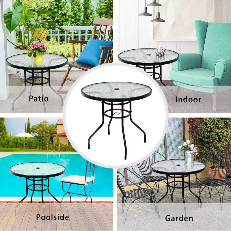 Costway Tavolo Rotondo da Giardino 32'' con Piano in Vetro Temperato e Struttura in Acciaio per Esterni, Piscina, Cortile