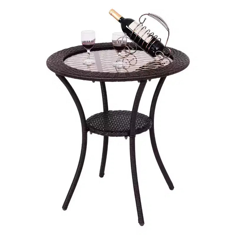 Tavolino da caffè rotondo in rattan e vimini Costway con ripiano in vetro e telaio in acciaio, arredamento da patio con ripiano inferiore