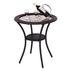 Tavolino da caffè rotondo in rattan e vimini Costway con ripiano in vetro e telaio in acciaio, arredamento da patio con ripiano inferiore