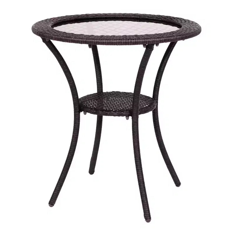 Tavolino da caffè rotondo in rattan e vimini Costway con ripiano in vetro e telaio in acciaio, arredamento da patio con ripiano inferiore
