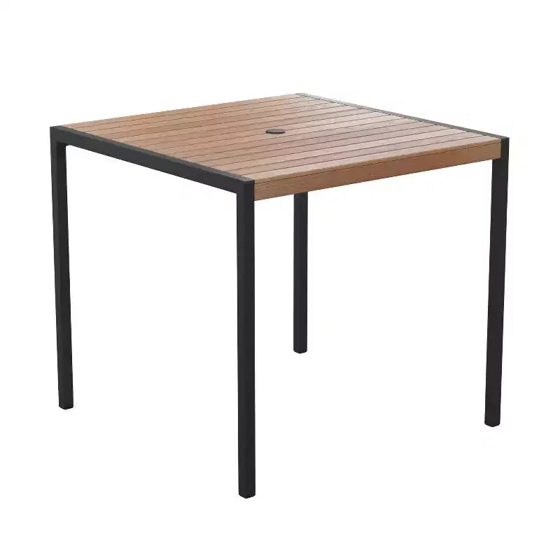Merrick Lane - Tavolo da pranzo quadrato in finto teak da esterno con struttura in acciaio verniciato a polvere, ombrellone regolabile da 2,7 m e base