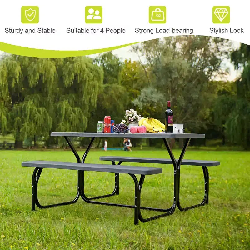 Costway Tavolo da Picnic con Panca Set da Esterno per Giardino, Patio, Feste, Resistente alle Intemperie, Nero/Bianco/Grigio/Marrone/Verde