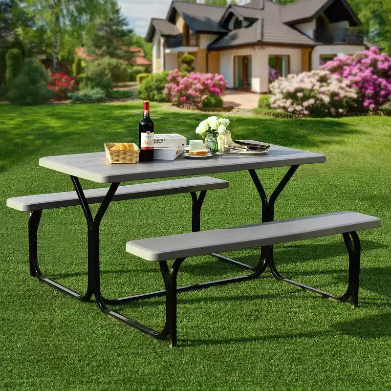 Costway Tavolo da Picnic con Panca Set da Esterno per Giardino, Patio, Feste, Resistente alle Intemperie, Nero/Bianco/Grigio/Marrone/Verde