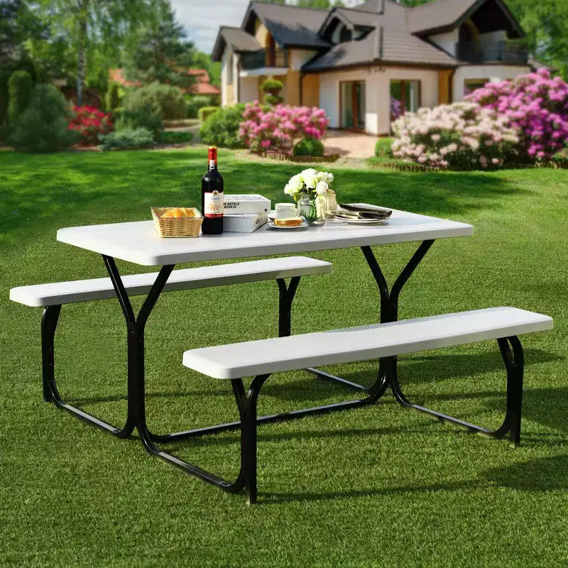 Costway Tavolo da Picnic con Panca Set da Esterno per Giardino, Patio, Feste, Resistente alle Intemperie, Nero/Bianco/Grigio/Marrone/Verde