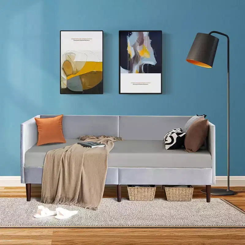 Costway Divano Letto Singolo in Lino Tappezzato con Struttura in Legno, Robusto per Soggiorno, Grigio