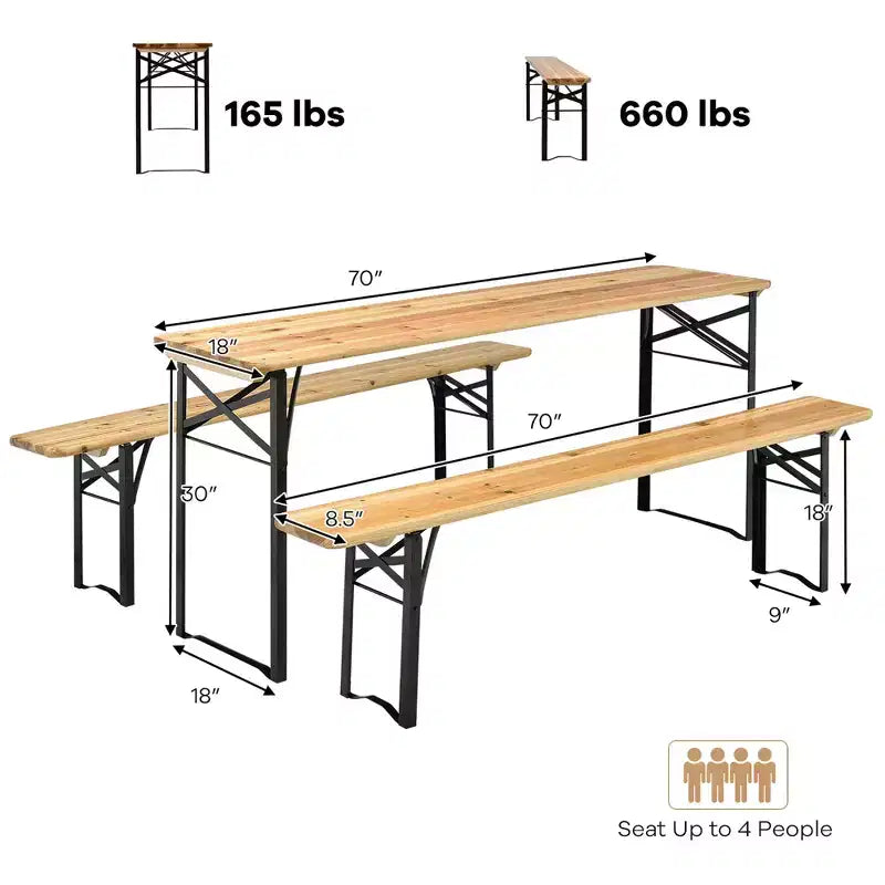 Costway Set Panca da Tavolo Birra 3 Pezzi Pieghevole in Legno per Picnic Giardino Patio