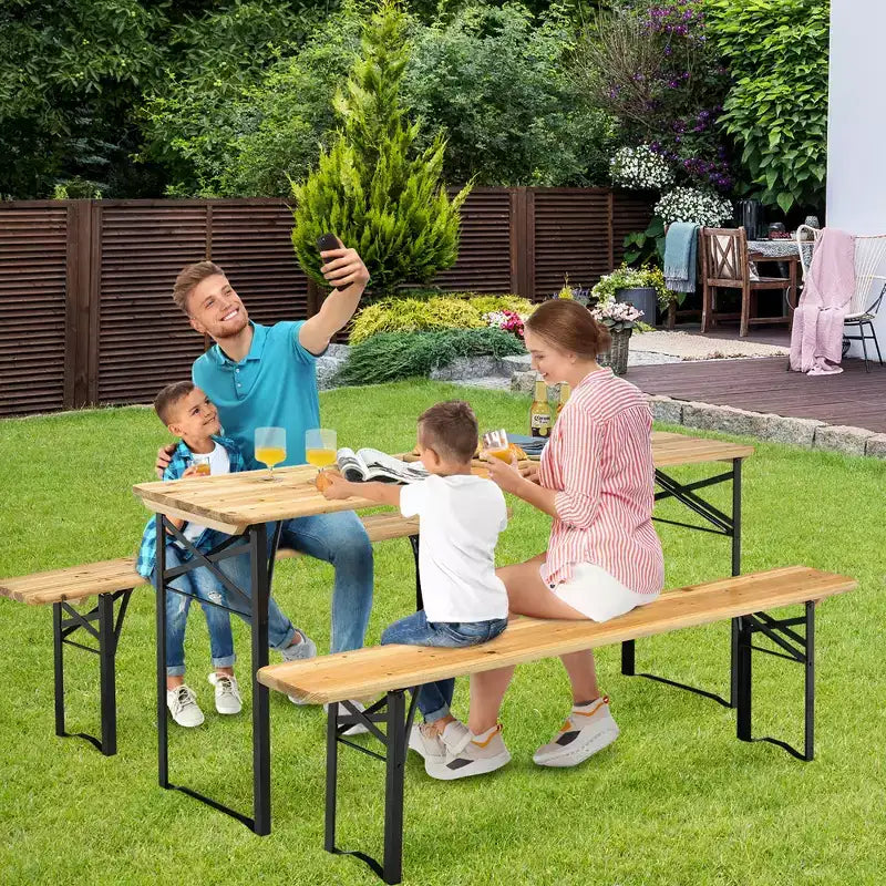 Costway Set Panca da Tavolo Birra 3 Pezzi Pieghevole in Legno per Picnic Giardino Patio